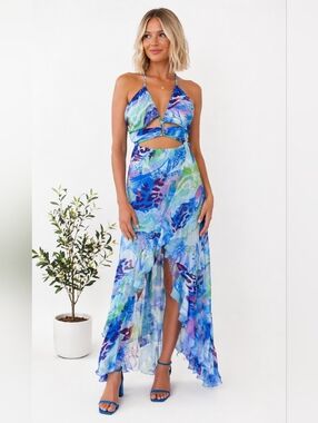 SHEIN Blue Multicolor Floral Cutout Maxi Dress